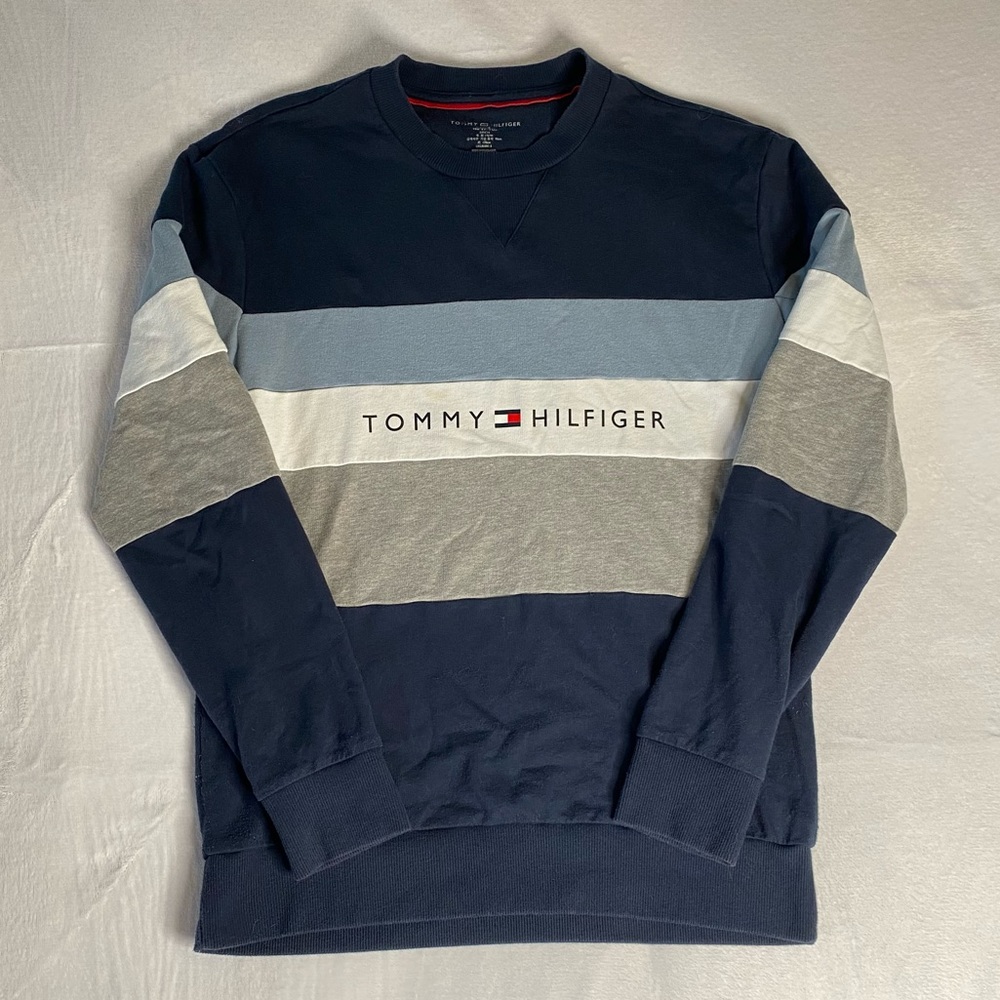 Tommy Hilfiger blue, white, and grey striped sweatshirt/pullover with logo